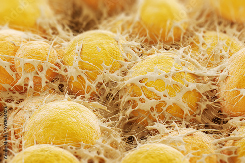 Yellow human adipose tissue cells under a microscope. Fat cells. Cholesterol. Close up. 3d rendering