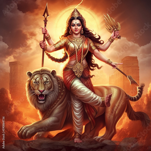 Hindu mythology god Durga. Created with Generative AI technology.