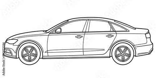 Classic business class sedan car. 4 door car on white background. Side view shot. Outline doodle vector illustration