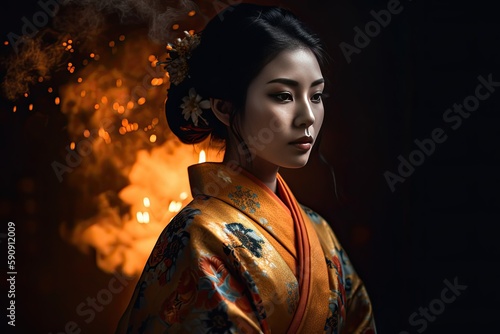 Japanese geisha girl with festive flame, ai geneartive