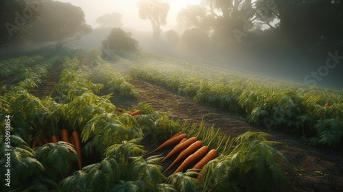 a rich harvest of carrots in the sown gardens. Beds of fresh carrots in the fields. Created by AI.