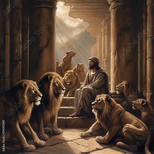 Daniel in the lion's den waiting on steps. Generative ai