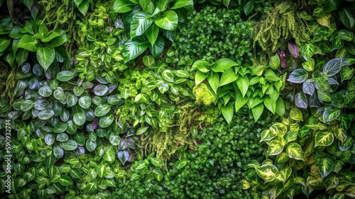 A lush, vibrant green living wall filled with a variety of small, healthy plants, creating a natural, eco-friendly texture. Wallpaper, Background