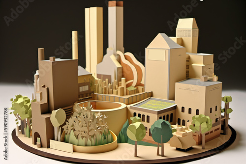 Ciudad inteligente hecha con papel, gran urbe de papercraft, edificios y casas con un diorama de papel y cartón hecho en 3d creado con IA generativa