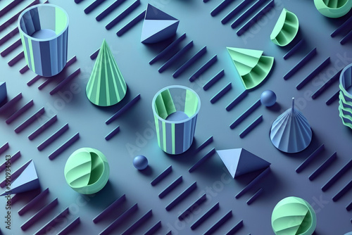Fondo abstracto de conos y circunferencias en un espacio isometrico con colores azules, hecho con IA generativa