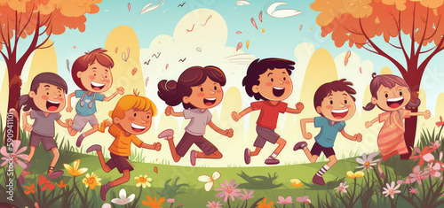 Children run around in the field with the sun behind them, cartoon illustration. generative ai