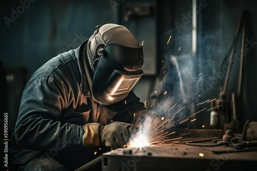 Worker or welder in the metallurgical industry performing welding in his workshop. AI generated, human enhanced.