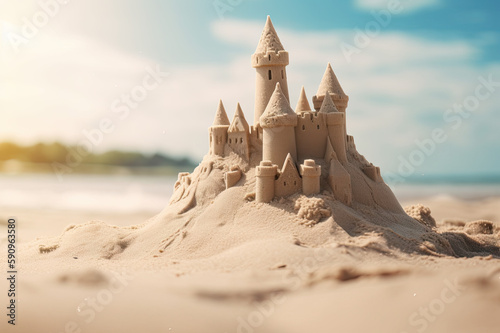 Beach sandcastle background created with Generative AI technology