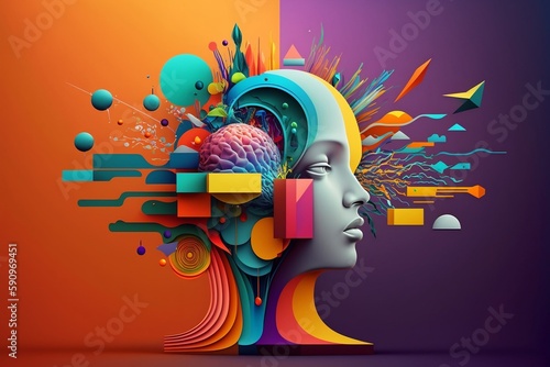 Colorful 3D collage illustration representing a person with a creative mind interfacing with AI machine tools