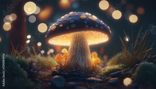 mushroom in the jungle, glowing mushroom in the night background