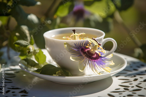 Cup of Passionflower tea with flowers. 