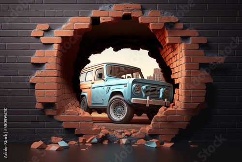 3d image. The car punches a hole in a brick wall. 3D illustration of a car. Designer wallpaper. 3d wallpaper