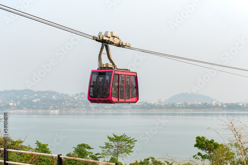 17th March, 2023, Guwahati, Assam, India: View of India's longest river ropeway connecting Guwahati city with North Guwahati over the River Brahmaputra.