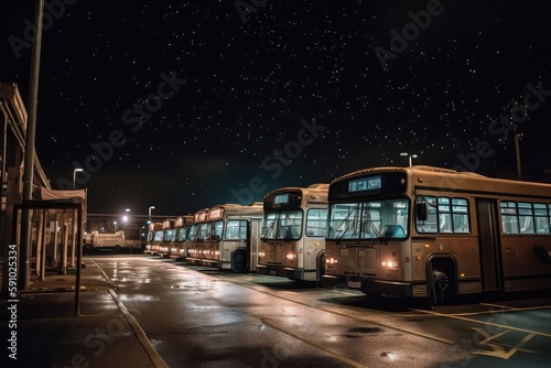 bus depot at night, with the glow of streetlights and bright stars overhead, created with generative ai
