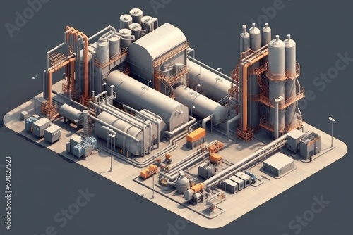 extraction and processing plant with machines, pipes, and containers for extracting natural resources, created with generative ai