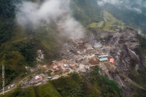 helicopter view of landslide disaster zone, with rescue and cleanup efforts underway, created with generative ai