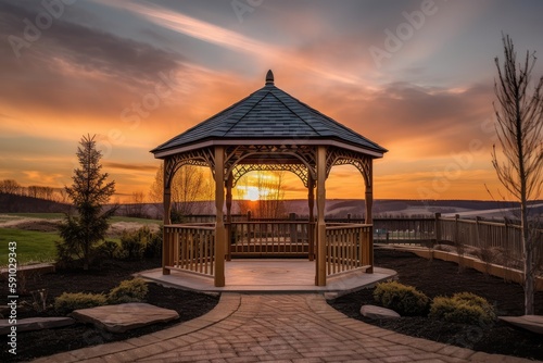 pergola and gazebo against a sunset sky, created with generative ai