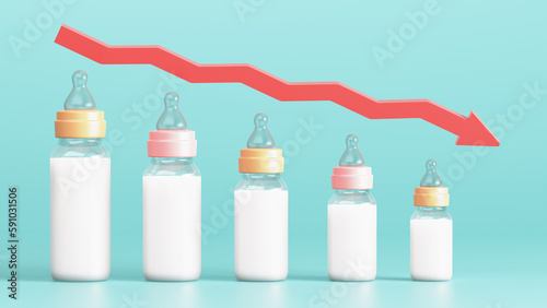 Fertility decline concept. Depopulation, demographic crisis. Baby bottles in the form of graph and down arrow. 3d illustration.