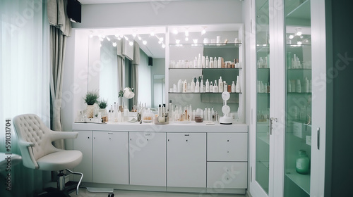 Bright empty cosmetology cabinet in modern beauty clinic. Interior of beautician room in aesthetic medicine salon. Medical office of dermatologist specialist. Generative AI technology