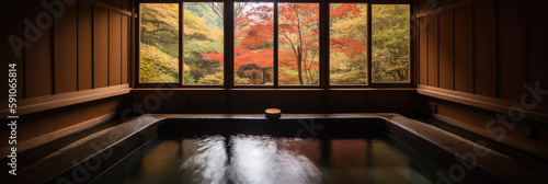 Japanese onsen ryokan. Japanese open-air baths using hot water from geothermally heated springs. Tradaitonal style architecture ryokan. Wide format. Generative AI. 