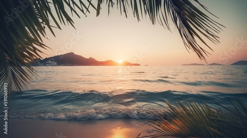 Tropical summer seascape with palm leaves, beach and paradise ocean on sunset. Generative AI