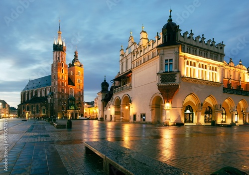 St. Mary's Church in the evening with a city in the background, in Krakow, Poland