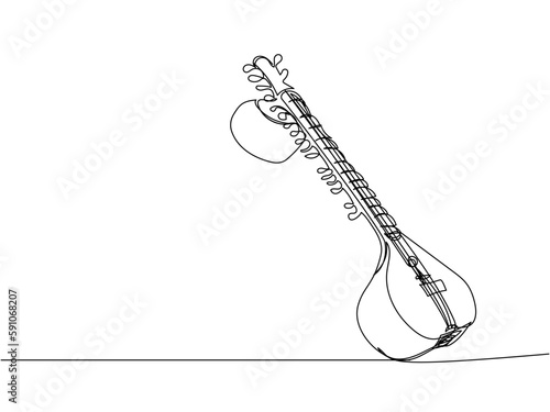 Sitar one line art. Continuous line drawing of music, plucked stringed instrument, Indian, Hindustani classical music, bass, acoustic, guitar, traditional.