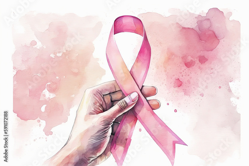 pink awareness ribbon in watercolor style , Generative Ai