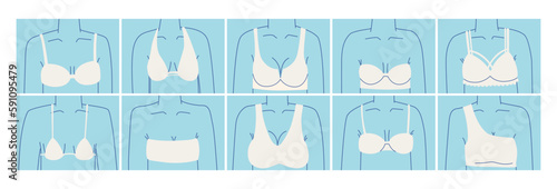 Silhouettes of a female bust in underwear. A set of various bras. Part of the body showing the shape of a bra or swimsuit.