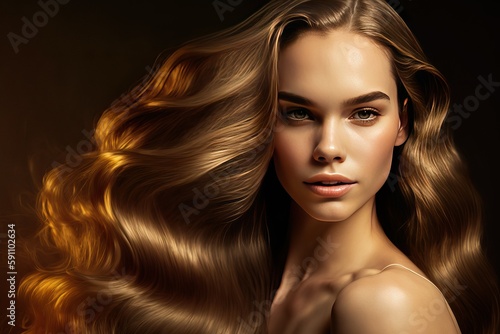 Beautiful long hair woman model poses for hair product banner, gold and brown theme