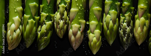 Crisp asparagus tips aligned in a pattern, dotted with fresh water beads to emphasize their freshness and natural state.