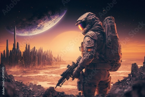 Sci-fi soldier with the gun. Futuristic soldier standing on city ruins against the glowing planet, Generative AI