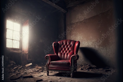 Red leather armchair in dirty abandoned old room, created with generative ai