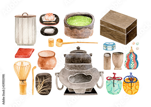 茶道の道具セット一式 水彩 イラスト