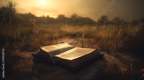Open book Bible in the grass in nature, generative AI.