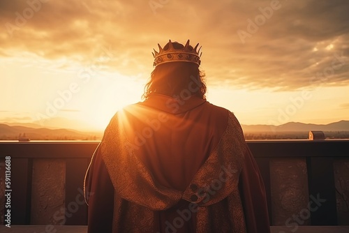 Silhouette of a king in a crown against the backdrop of the sunset. Generative AI