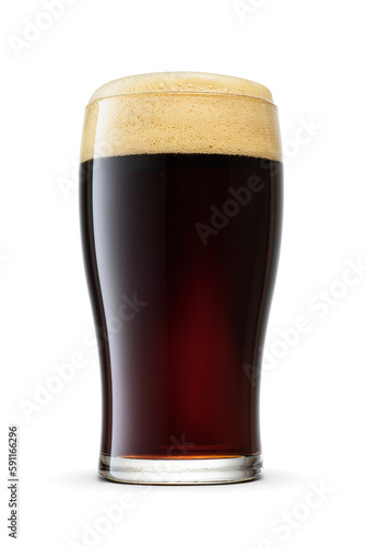 Tulip pint glass of fresh dark stout beer with cap of foam isolated on white background.