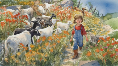 child goatherd herds his goats at grass valley with flowers Generative AI