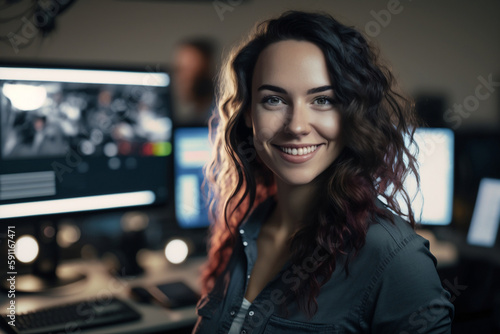 Smiling female in front of pc Generative AI