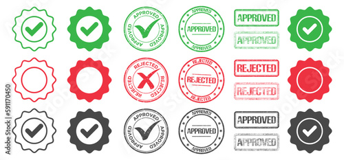 Approved and rejected stamp and medal. Green approved and red rejected icon