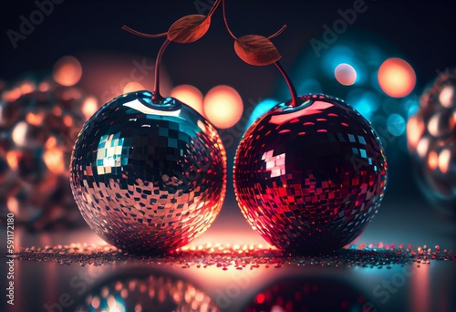 Decorate disco balls like cherries. The concept of minimal entertainment. Flat lai. Generative AI