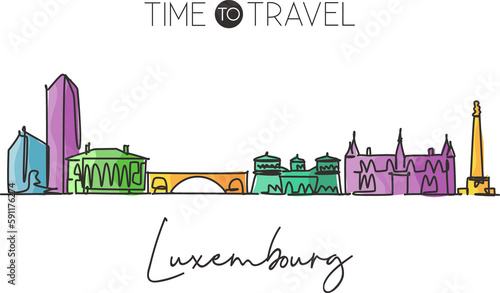 Single continuous line drawing Luxembourg city skyline. Famous city scraper landscape home wall decor poster print. World travel destination concept. Modern one line draw design vector illustration