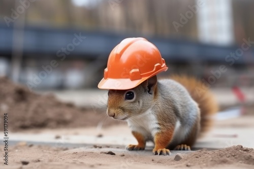 Engineer squirrel in a work helmet on a construction site. Construction of a large house from cement and building materials Generative AI