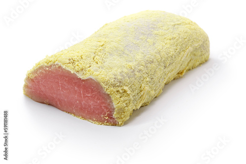 homemade peameal bacon isolated on white background