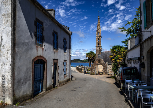 Picturesque Alley And Church Of Finistere Village Landevennec In Nature Park Amorique In Brittany, France