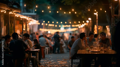 Bokeh background of Street Bar beer restaurant, outdoor in asia, People sit chill out and hang out dinner and listen to music together in Avenue, Happy life ,work hard play hard. Generative AI