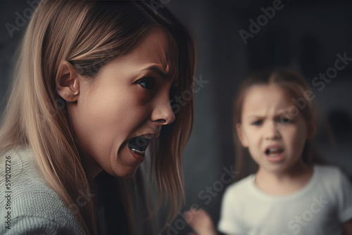 Sad little girl sitting with her parents argue, AI generated