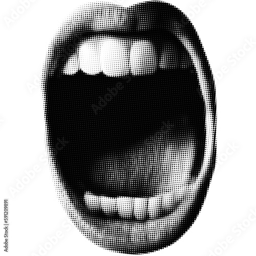 Opened woman mouth in scream as retro halftone collage elements for mixed media design. Lips in halftone texture, dotted pop art style. Vector illustration of vintage grunge punk crazy art templates.