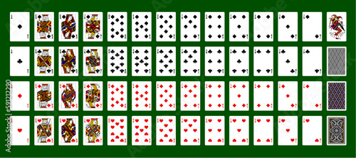 Full set of playing cards with Joker and back sides on green background. Original design. Vector illustration