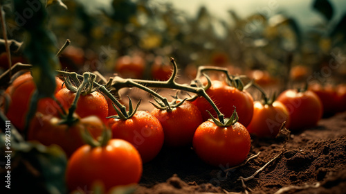 Closeup of ripe tomatoes growing on soil. Generative AI